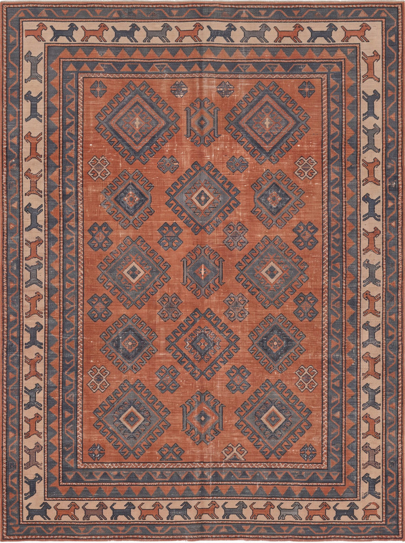 Kiremit ve Lacivert Dörtgenli At Figürlü Uşak Desenli Bambu Halı MS-0100