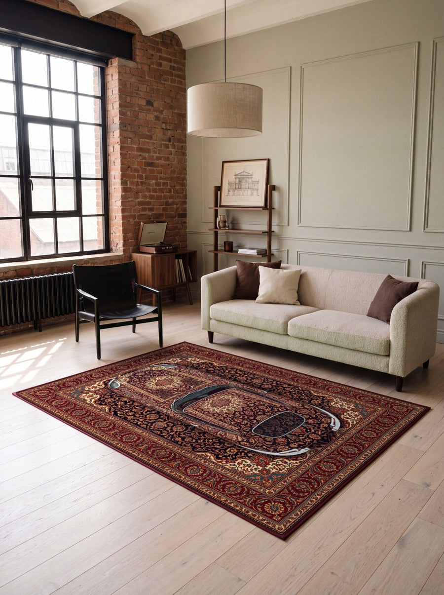 Klasik otomobil desenli bambu sanat halısı loft salonda