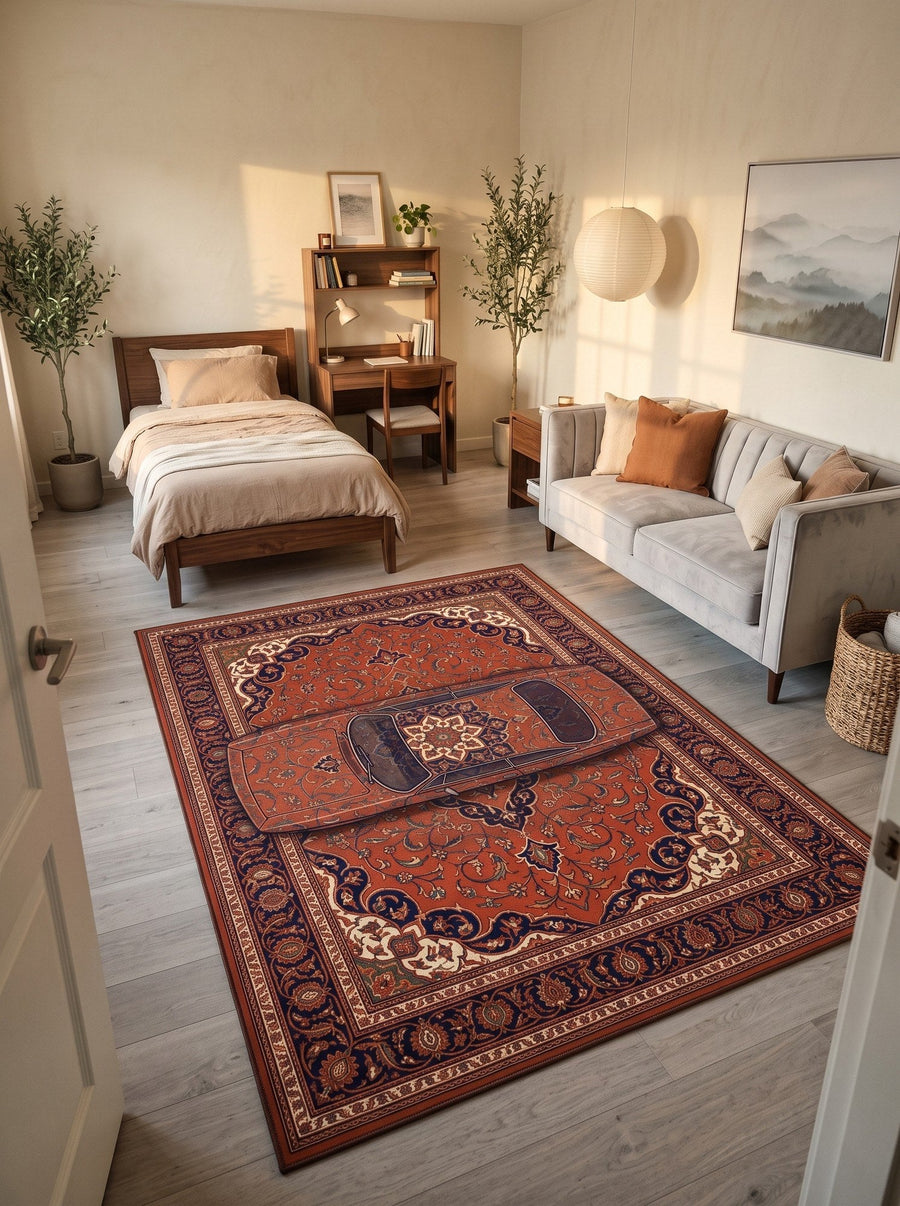 Genç odası halısı — kiremit ve lacivert klasik otomobil desenli bambu sanat halısı