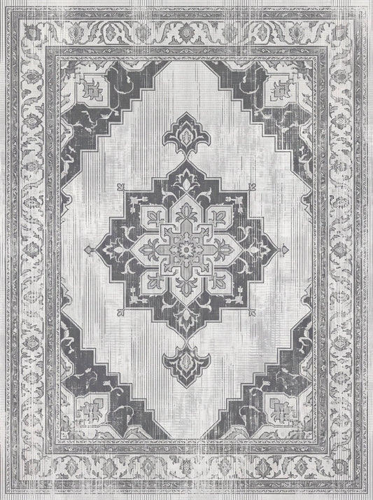Açık Gri ve Antrasit Madalyonlu Vintage Şönil halı deseni TH-062