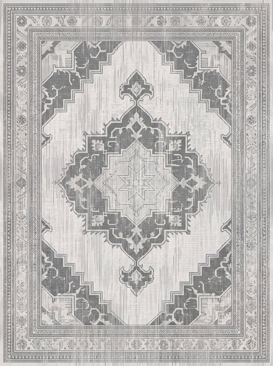Açık Gri ve Antrasit Madalyonlu Vintage Şönil halı deseni TH-095