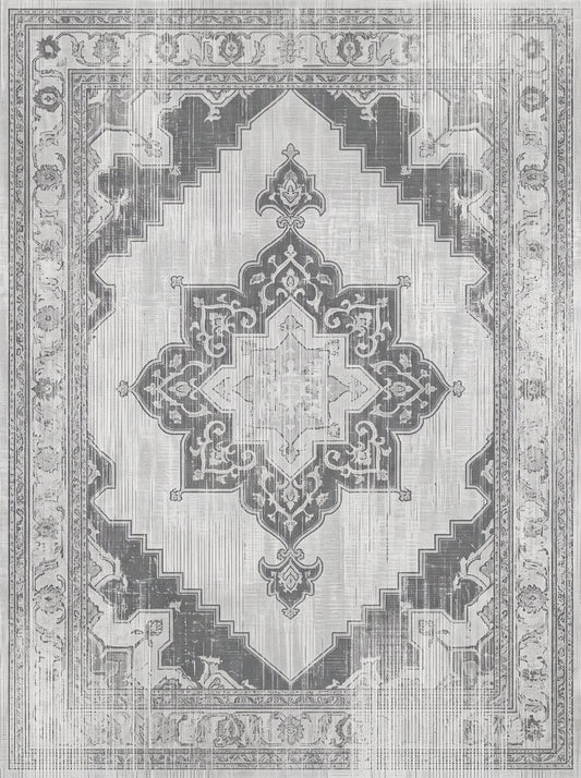 Açık Gri ve Antrasit Madalyonlu Vintage Şönil halı deseni TH-109