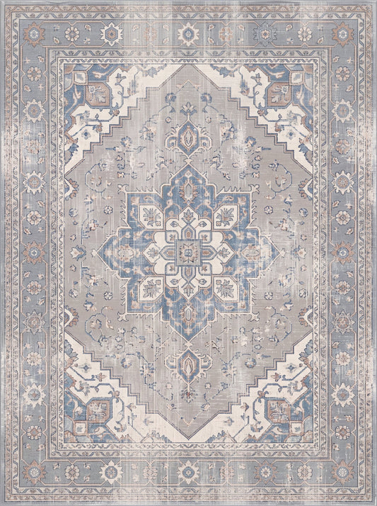 Açık Gri ve Buz Mavisi Madalyonlu Vintage Şönil halı deseni TH-002