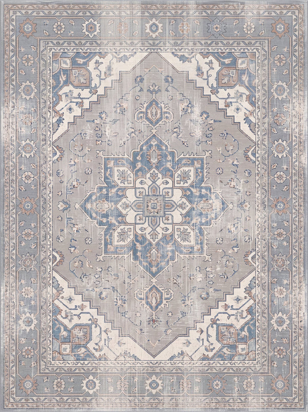 Açık Gri ve Buz Mavisi Vintage Madalyonlu Şönil Halı TH-002