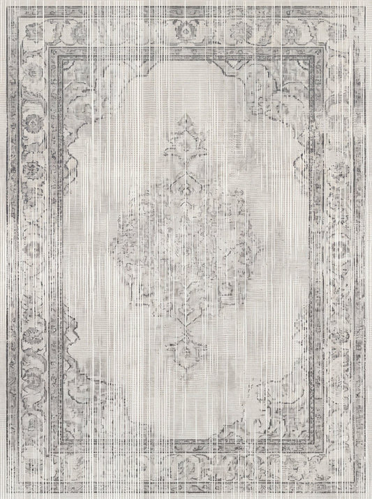 Açık Gri ve Krem Madalyonlu Vintage Şönil halı deseni TH-106