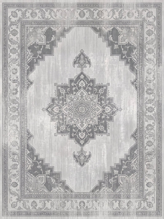 Açık Gri Madalyonlu Vintage Şönil halı deseni TH-004