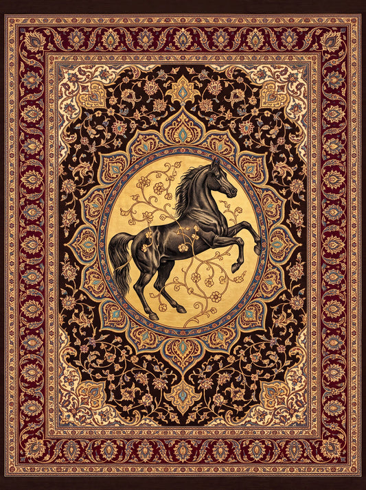 Altın ve Siyah At Figürlü At Figürlü Bambu halı deseni MS-0320