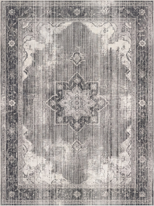 Antrasit ve Açık Gri Madalyonlu Vintage Şönil halı deseni TH-069