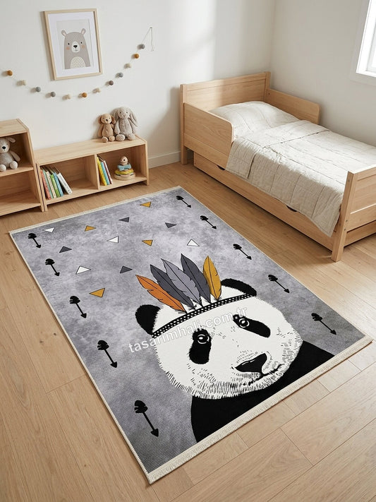 Kızılderili panda desenli şönil halı çocuk odasında