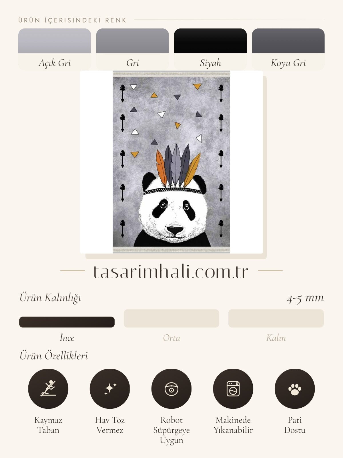 Panda desenli çocuk şönil halısı özellik bilgi kartı