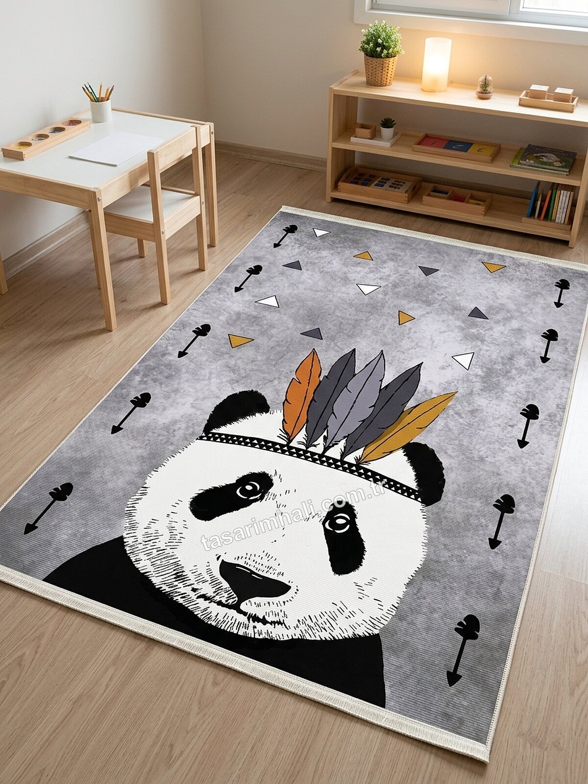Montessori çalışma halısı kızılderili panda desenli