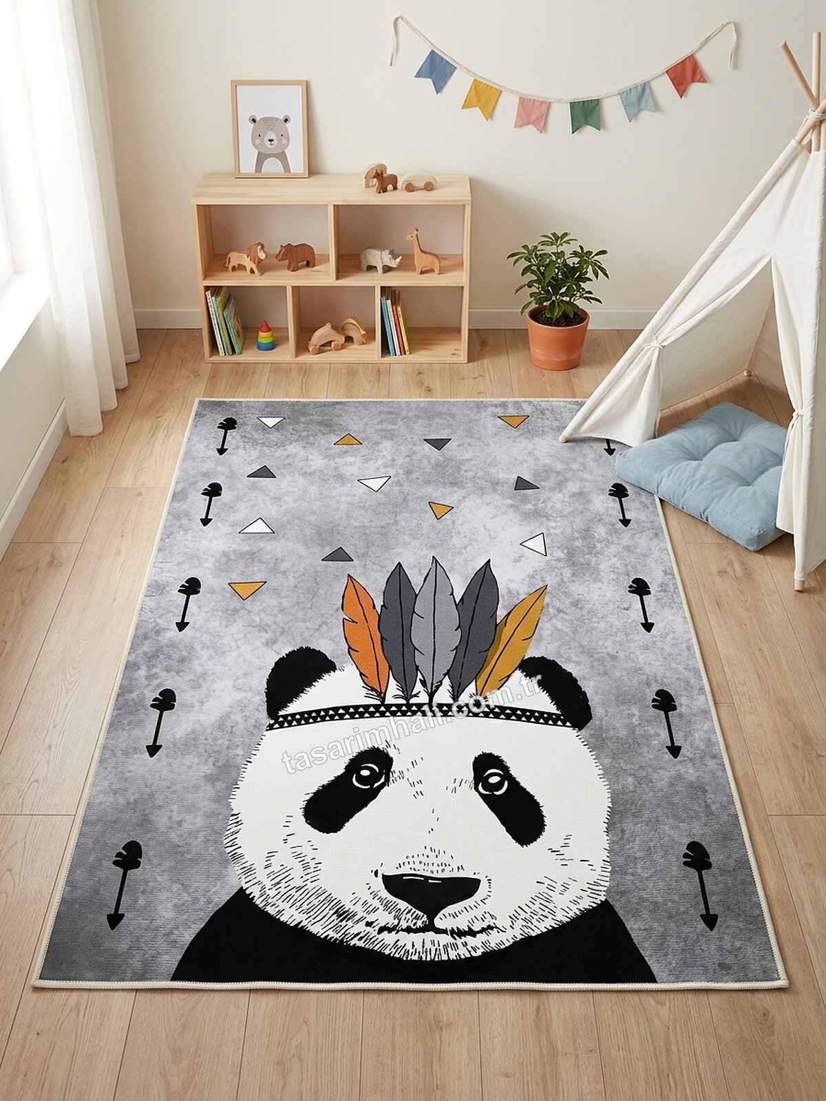Gri kızılderili panda desenli oyun halısı