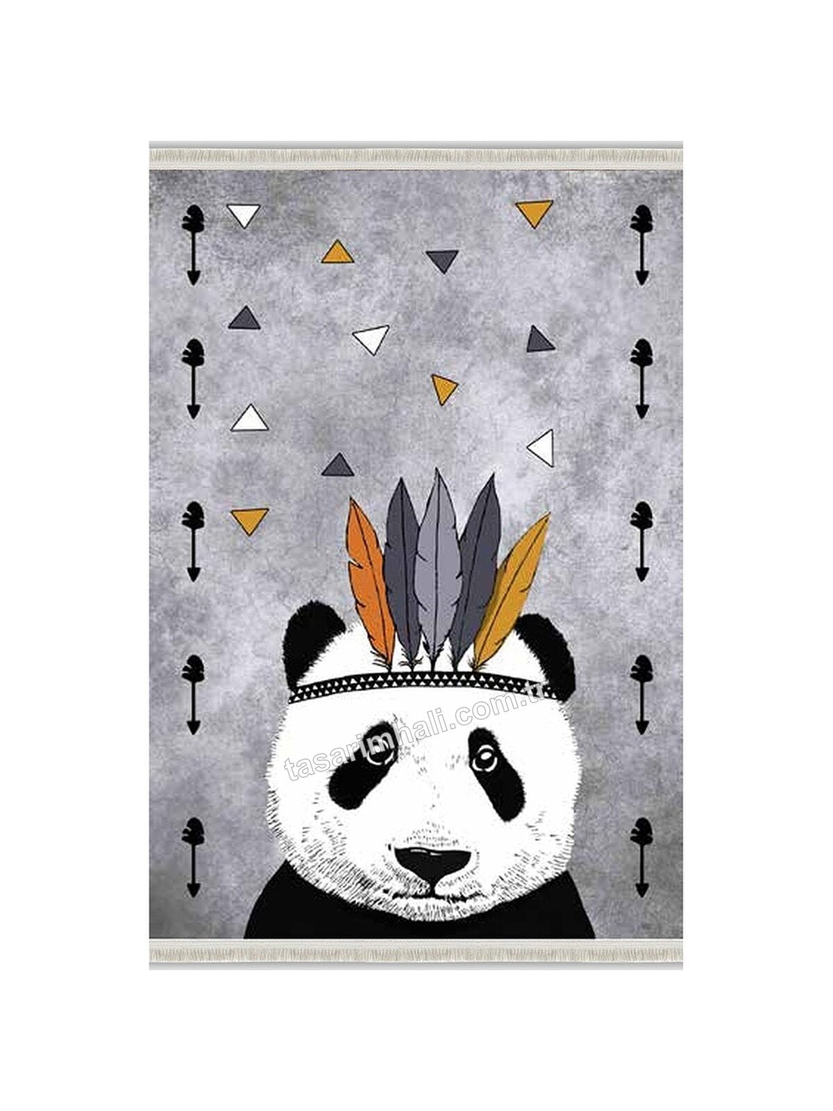 Gri kızılderili panda desenli çocuk şönil halısı