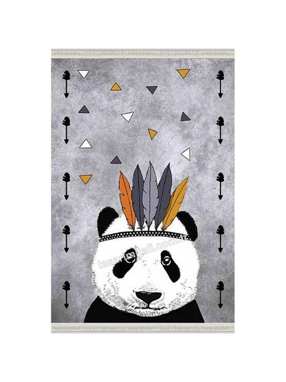 Gri kızılderili panda desenli çocuk şönil halısı