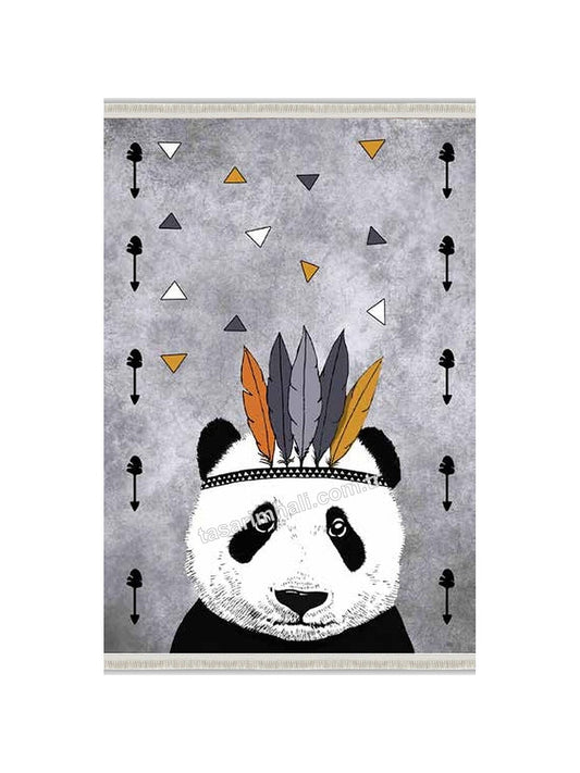 Gri kızılderili panda desenli çocuk şönil halısı