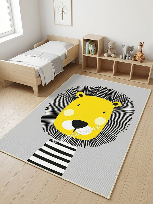 Sarı gri aslan desenli şönil halı çocuk odasında