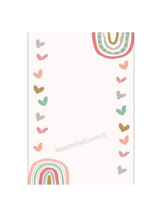 Pastel gökkuşağı ve kalp desenli çocuk şönil halısı