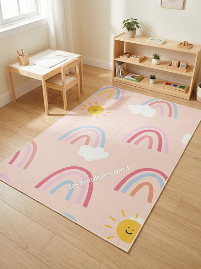 Montessori çalışma halısı gökkuşağı ve güneş desenli