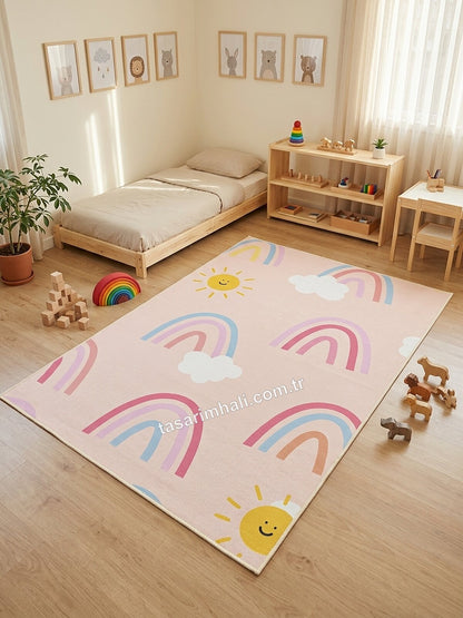 Montessori çocuk halısı gökkuşağı ve güneş desenli
