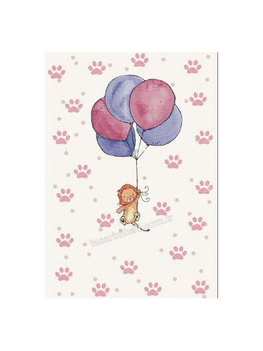 Pembe balonlu maymun desenli çocuk şönil halısı