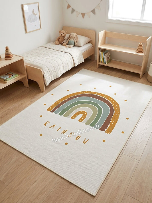 Boho gökkuşağı desenli şönil halı çocuk odasında