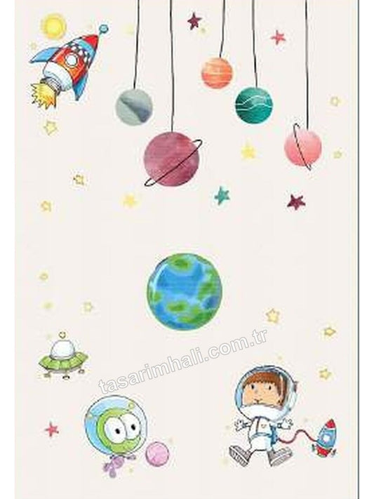 Krem uzay roket ve astronot desenli erkek çocuk şönil halısı