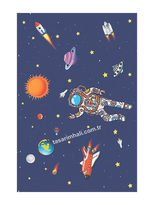Lacivert uzay ve astronot desenli erkek çocuk şönil halısı