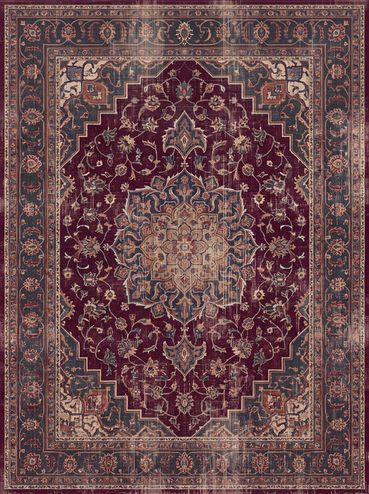 Bordo ve Antrasit Madalyonlu Retro Bambu halı deseni MS-0215
