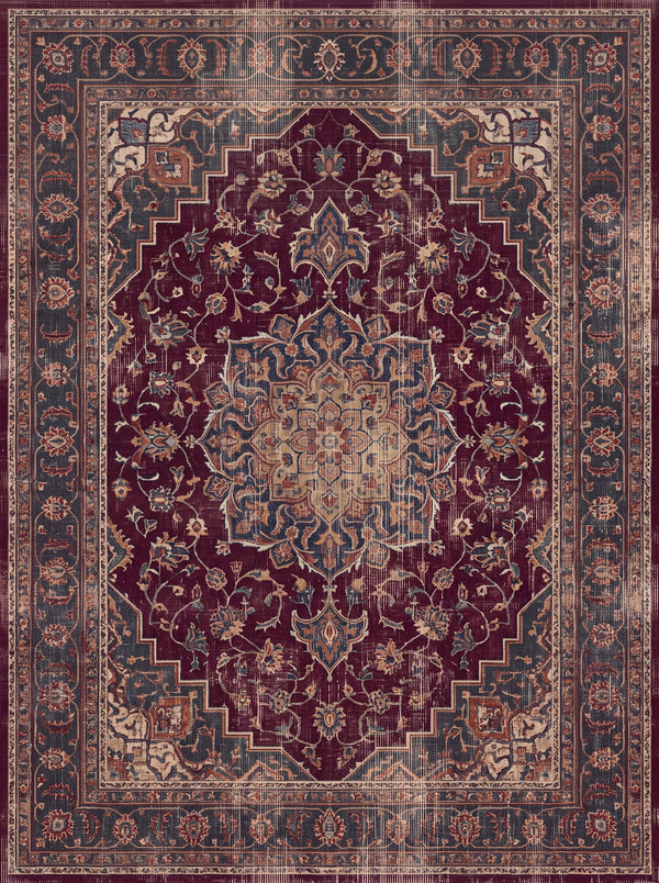 Bordo ve Antrasit Retro Madalyonlu Bambu Halı MS-0215