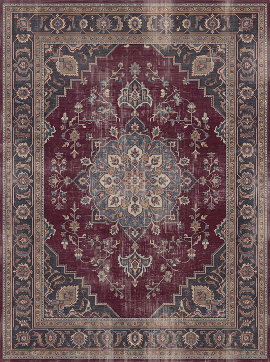 Bordo ve Antrasit Madalyonlu Retro Şönil halı deseni TH-091