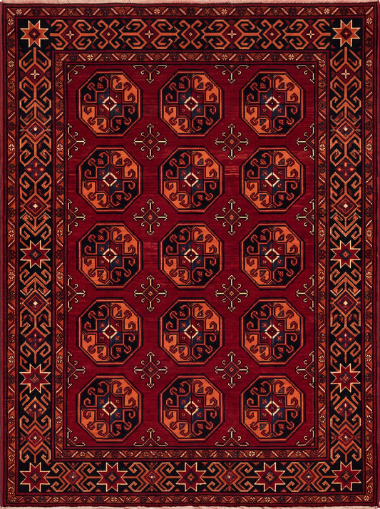 Bordo ve Kiremit Geometrik Afgan Bambu halı deseni MS-0247