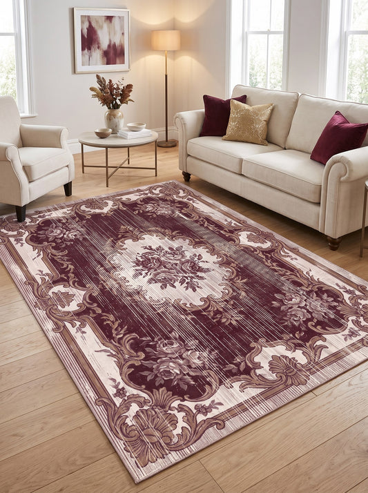 dekoratif salon halısı Bordo ve Krem Çiçekli Karabağ Şönil