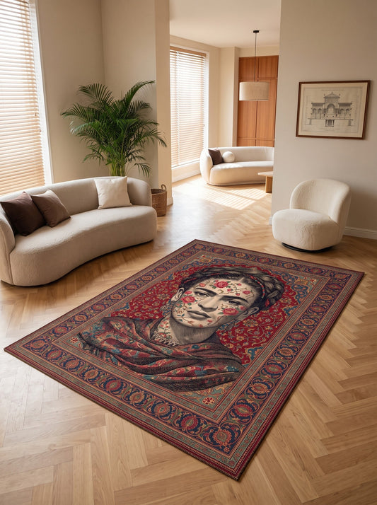 büyük salon halısı Bordo ve Krem Portreli İkon Bambu