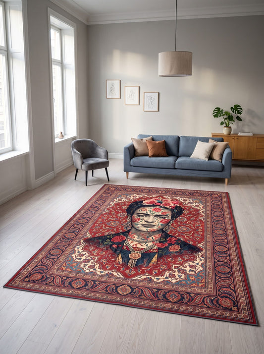 büyük salon halısı Bordo ve Krem Portreli İkon Bambu