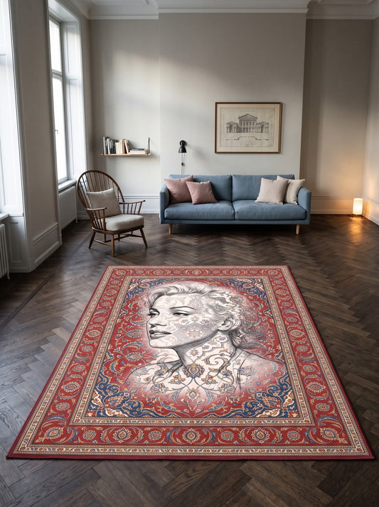 büyük salon halısı Bordo ve Krem Portreli İkon Bambu