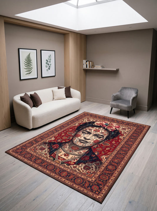 büyük salon halısı Bordo ve Krem Portreli İkon Bambu