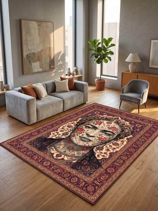 büyük salon halısı Bordo ve Krem Portreli İkon Bambu
