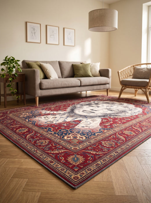 Bordo Kıvırcık Saçlı Portreli Bambu Sanat Halısı MS-0274 doku detayı