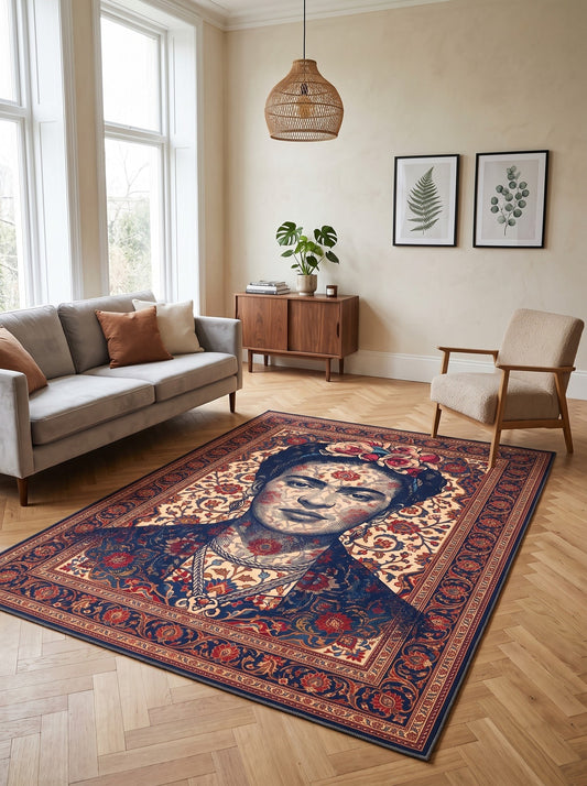 büyük salon halısı Bordo ve Krem Portreli İkon Bambu