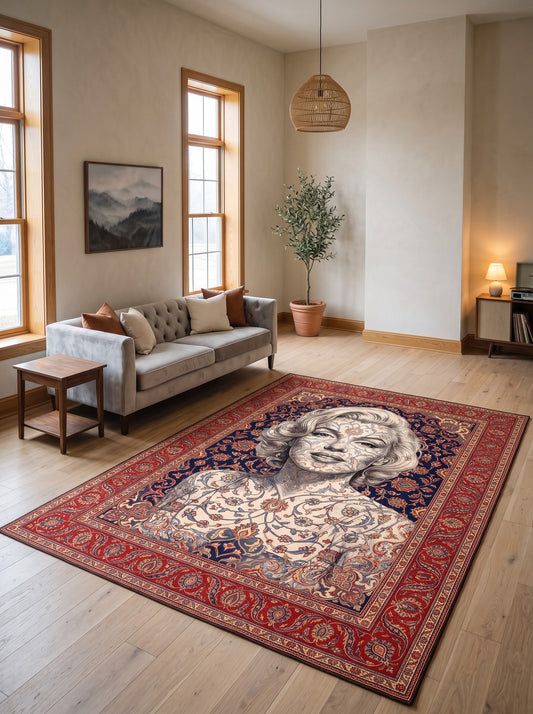 büyük salon halısı Bordo ve Krem Portreli İkon Bambu