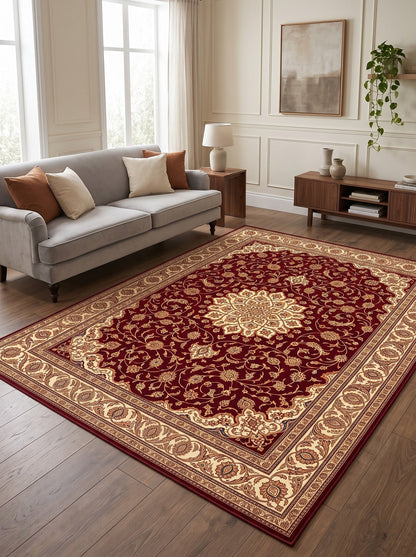 klasik salon halısı Bordo ve Krem Madalyonlu Hereke Bambu