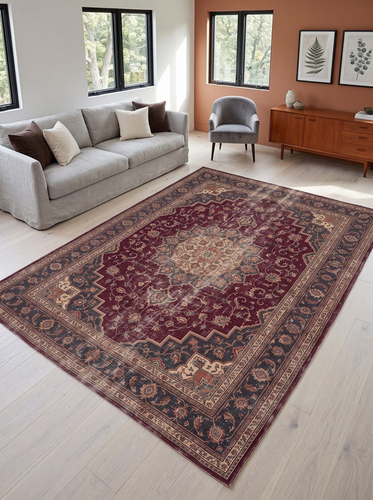 büyük salon halısı Bordo ve Krem Madalyonlu Retro Bambu
