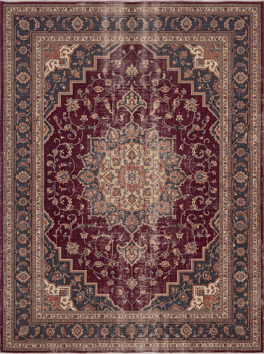 Bordo ve Krem Madalyonlu Retro Bambu halı deseni MS-0203
