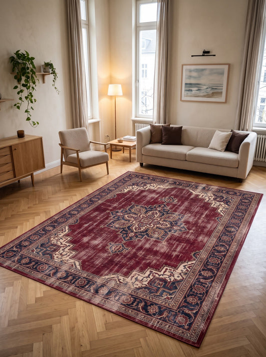 büyük salon halısı Bordo ve Krem Madalyonlu Retro Bambu