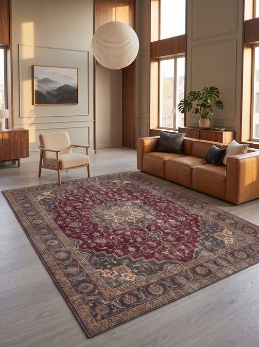 büyük salon halısı Bordo ve Krem Madalyonlu Retro Bambu