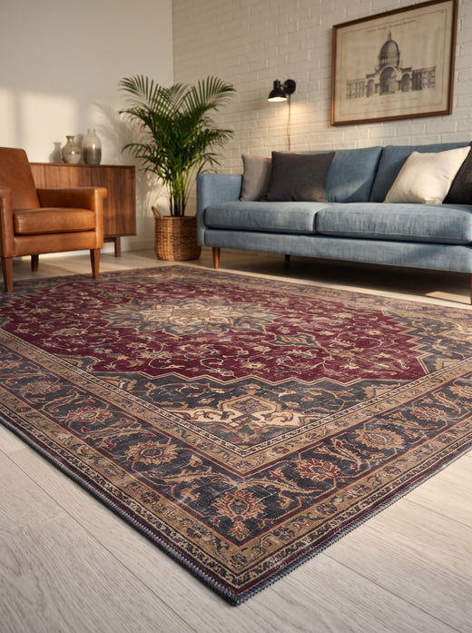 Bordo ve Krem Dallı Retro Madalyonlu Bambu Halı MS-0206 doku detayı
