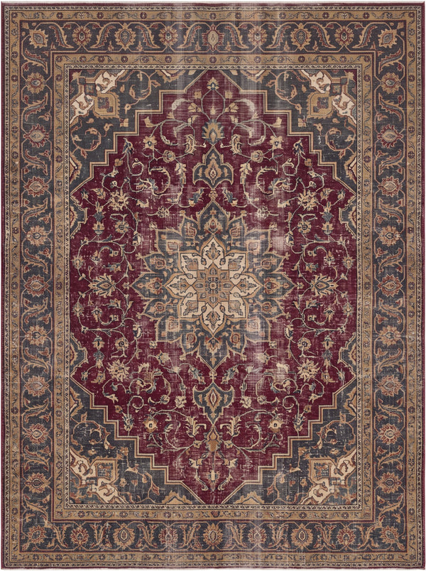 Bordo ve Krem Dallı Retro Madalyonlu Bambu Halı MS-0206
