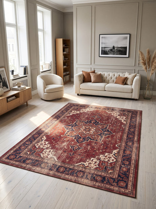 büyük salon halısı Bordo ve Krem Madalyonlu Retro Bambu