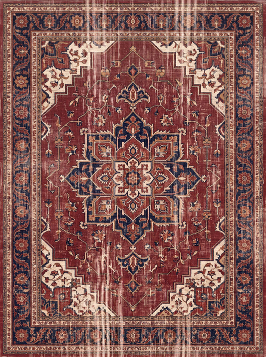 Bordo ve Krem Madalyonlu Retro Bambu halı deseni MS-0217