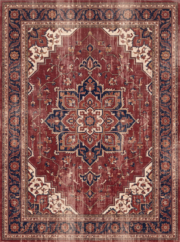 Bordo ve Krem İri Madalyonlu Retro Bambu Halı MS-0217
